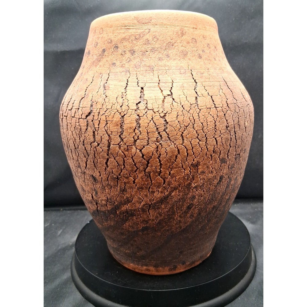 Vintage Textured Stoneware Crackle Glaze Vase, Studio Art Signed.